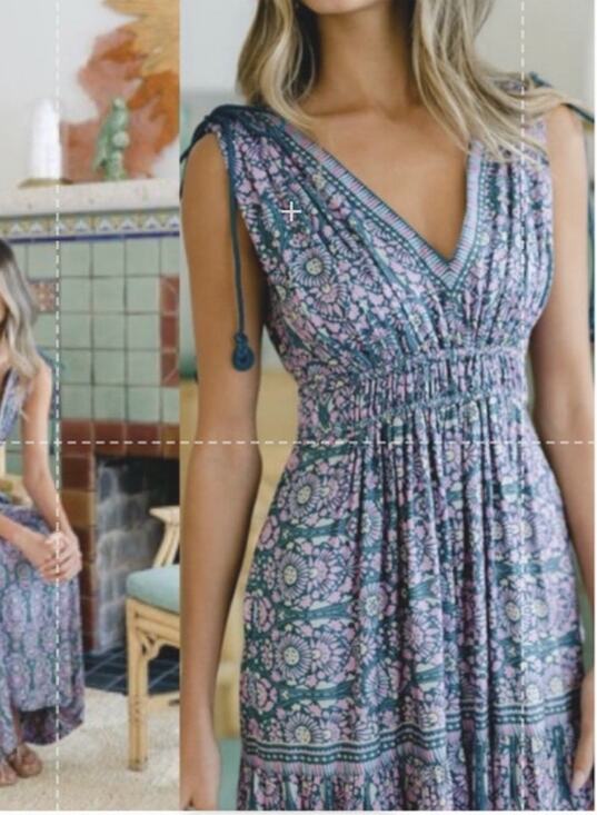 Joie Dresses & Skirts - Joie Boho Maxi V-Neck Blue Pink Size M Cottagecore Smocked Waistline